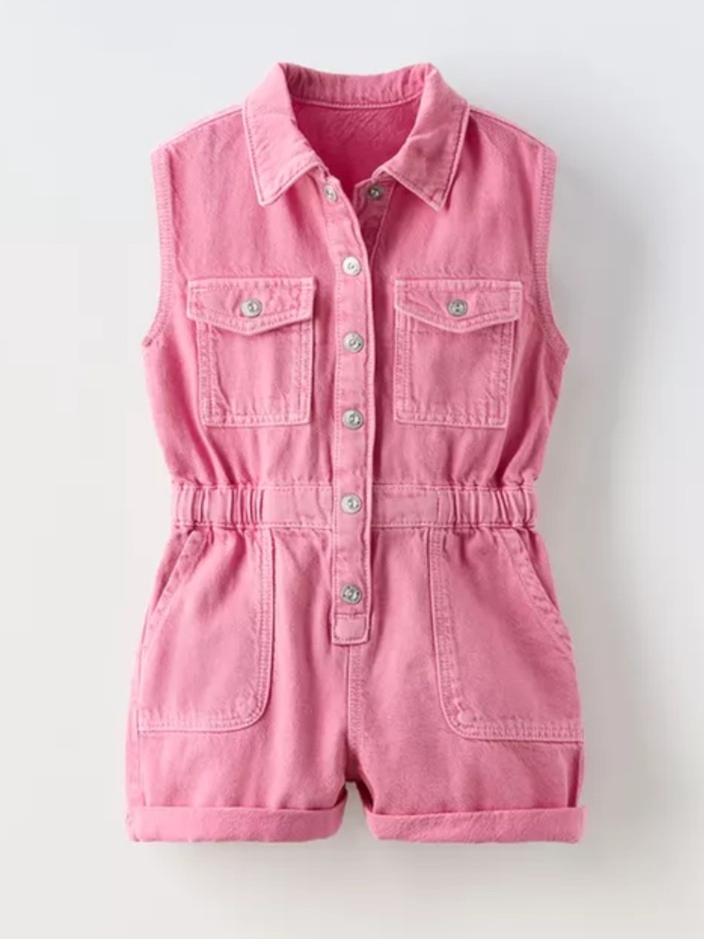Zara Pink Denim Utility Romper with Front Snap Button And Elastic Waist Size 5